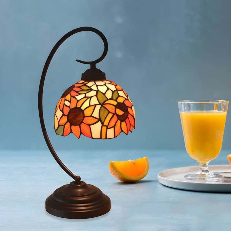 1 Bulb Night Lamp Mediterranean Sunflower Stained Glass Nightstand Light in Dark Coffee with Swirl Arm | Auvris