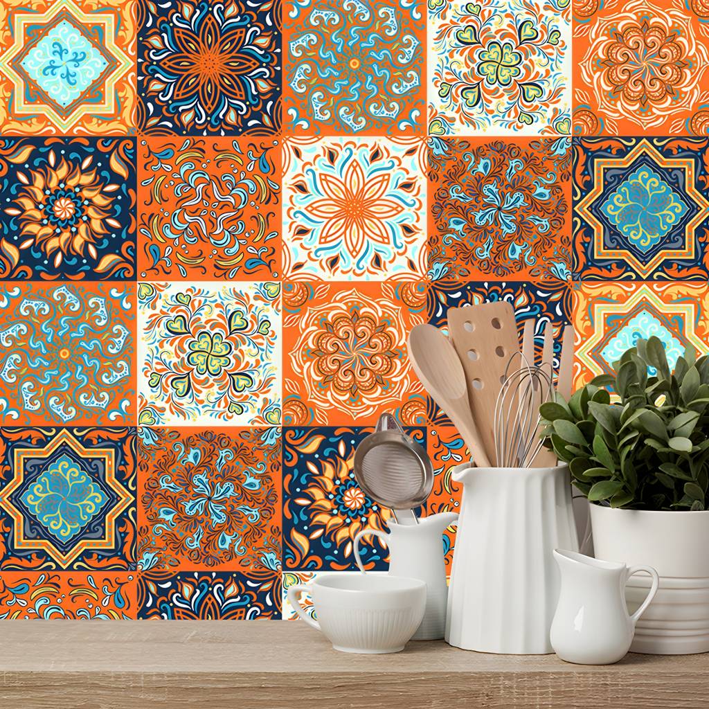 10 Pcs Mandala Wallpapers Peel and Paste Bohemian Kitchen Wall Decoration, 9.7-sq ft | Auvris