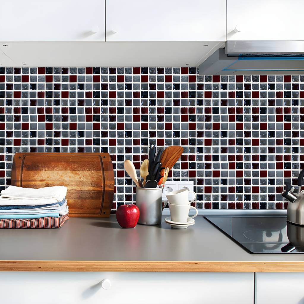 10 Pcs Contemporary Mosaics Wallpapers per Bathroom 9.7-sq ft Wall Art in nero, Easy to Remove | Auvris