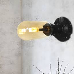 1/2 Bulb Wall Light Capsule Amber Glass Industrial Dining Room Sconce Lighting Fixture in Black with Pipe Design