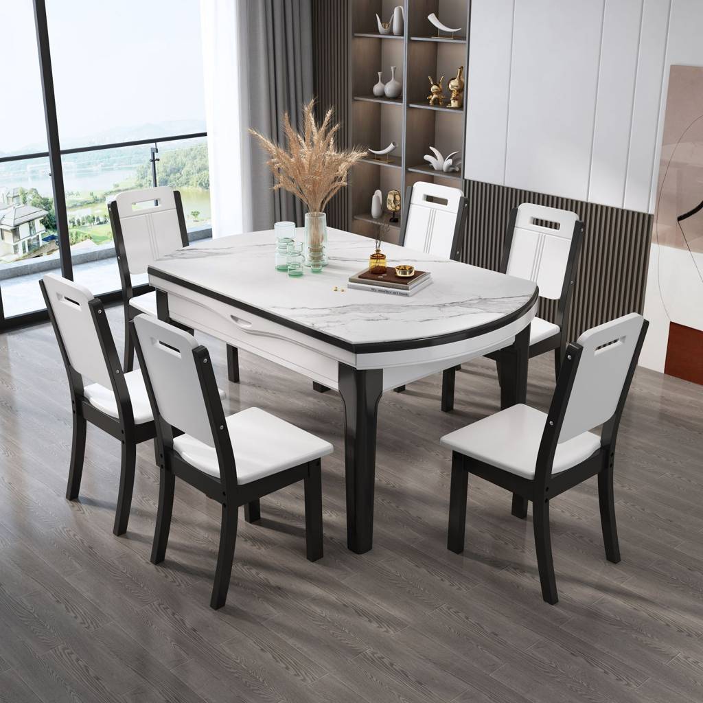 7 Pcs moderno sala de jantar Set com redondo Table and 4 Legs Base Dining Set com Armless Chairs | Auvris
