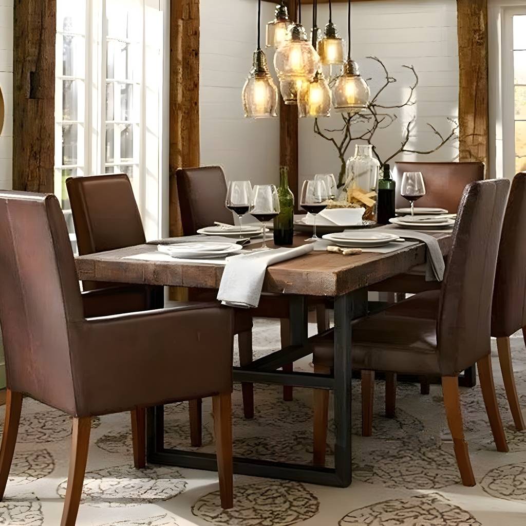 Contemporary Brown Kitchen Dining Table Rectangle Solid Holz Dining Table mit Trestle Base | Auvris