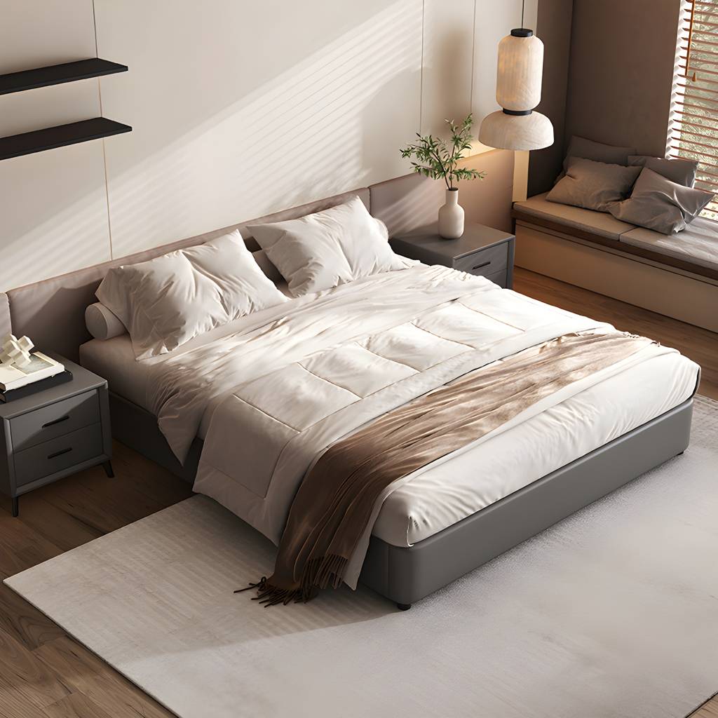 10.62" Contemporary Faux Leather Bed Low Profile Bed in Grey | Auvris