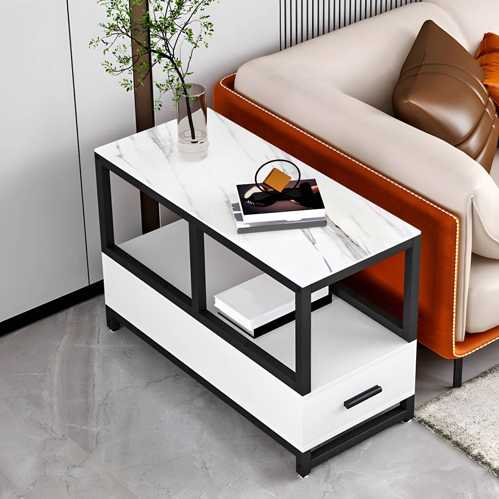 1-Drawer 1-Shelf End Table Modern 21.65" Tall Stone Side Table | Auvris
