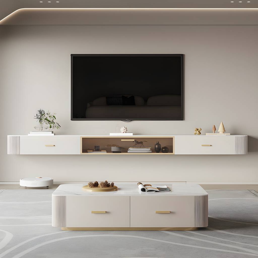 11.81"W TV Stand Glam Style Wall-mounted White TV Console with 2 Drawers | Auvris