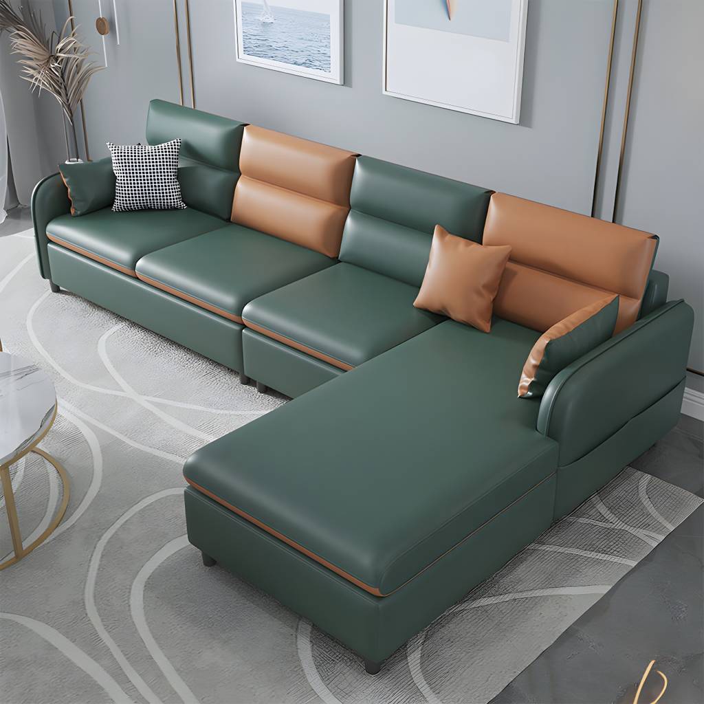 102.36" W 4-Seater Square Arm Sofa & Chaise Faux Leather Sofa with Storage | Auvris