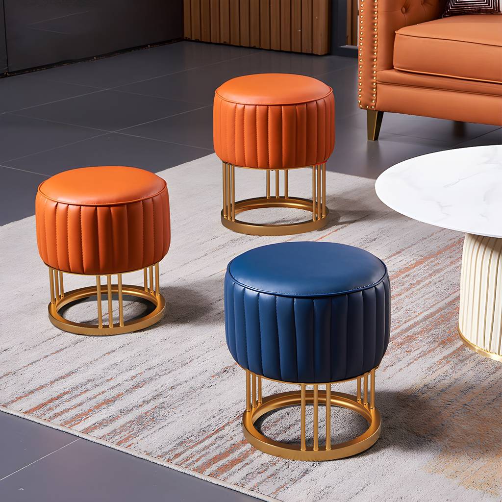 14" Wide Faux Leather Upholstered Ottoman Glam Round Shape Pouf | Auvris