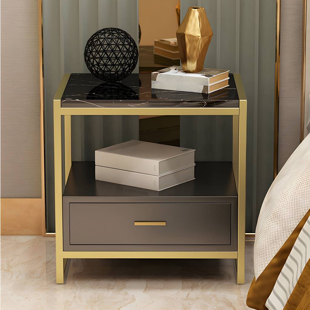 1-Drawer 1-Shelf Accent Table Nightstand 19.68" Tall Faux Marble Bedside Cabinet | Auvris