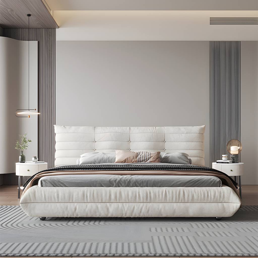 37.4" Tall Glam Panel Bed Wood and Upholstered Standard Bed in White | Auvris