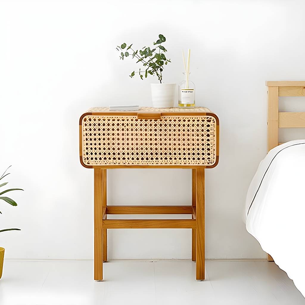1 Door Rattan Nightstand Modern Bedside Cabinet With Legs ,23.6" Tall | Auvris