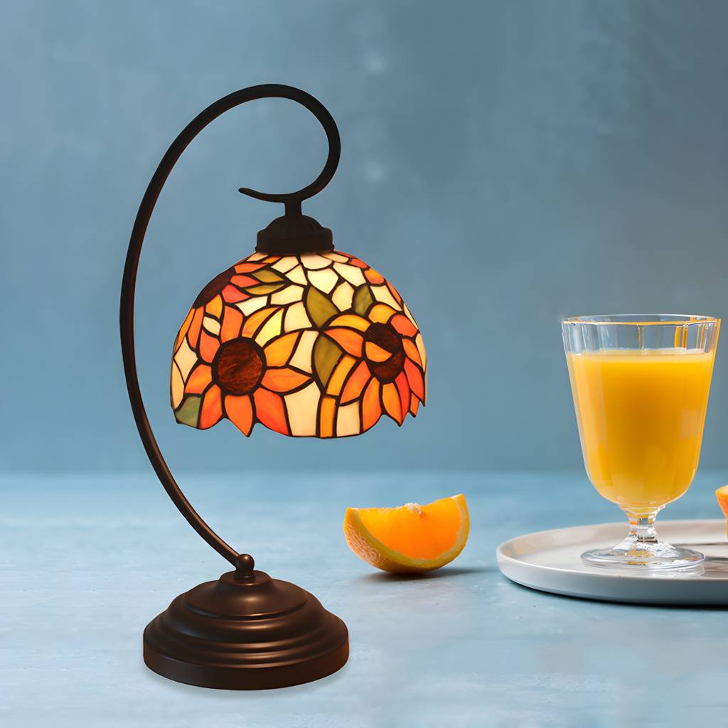 1 電球 Night Lamp Mediterranean Sunflower Stained ガラス Nightstand ライト in Dark Coffee 付き Swirl Arm | Auvris