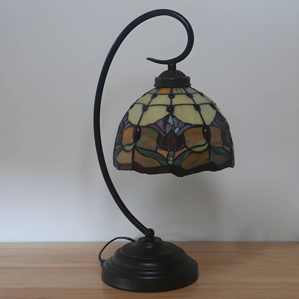 1-電球 Domed Table 照明 Baroque Red/Pink/Brown Cut ガラス Rose/Tulip Patterned Nightstand Lamp 付き Curvy Arm | Auvris